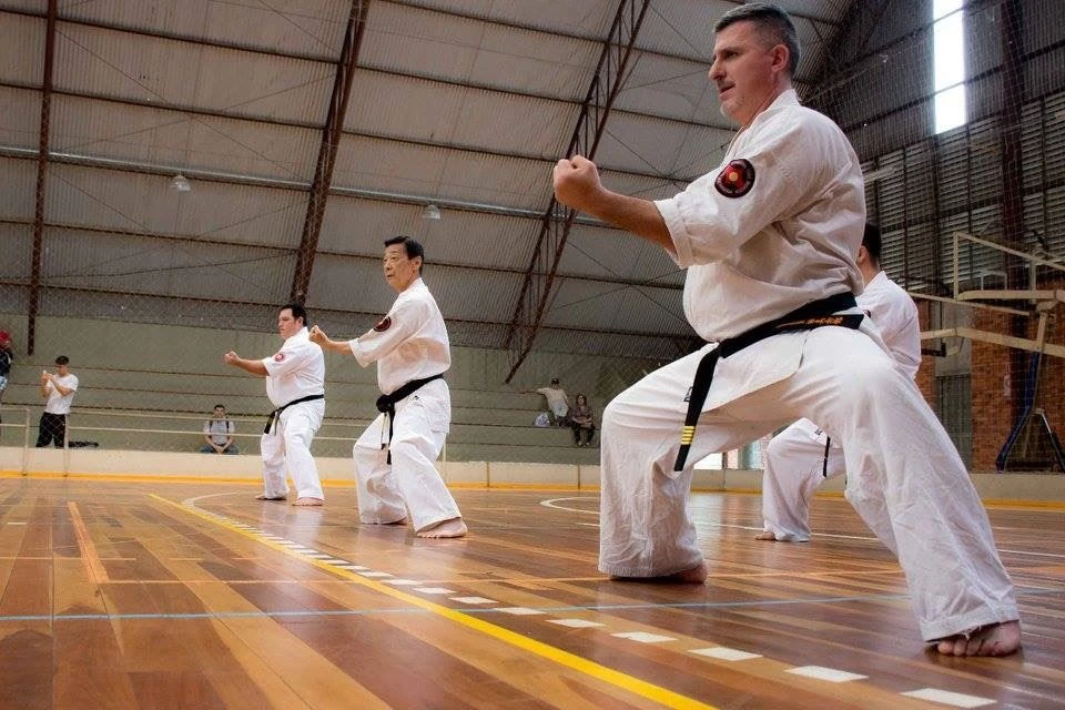 Practicantes de karate durante una demostración en un gimnasio.