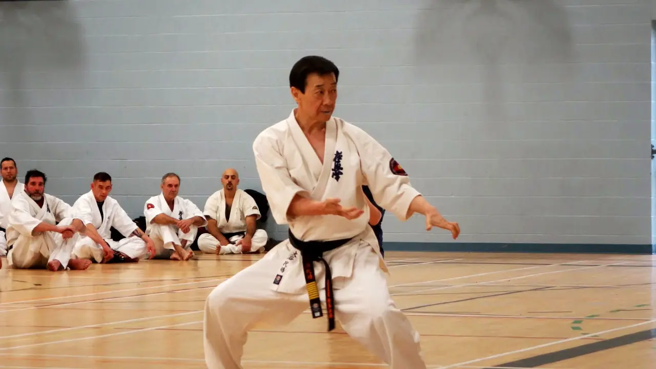 Hanshi Daigo Oishi ejecutando un kata frente a un grupo de practicantes sentados.